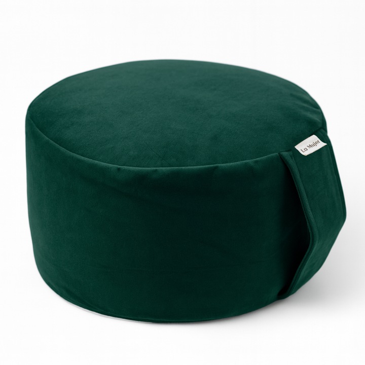 Perna de meditatie Zafu, La Mujer, 30x30cm, umpluta cu coji de hrisca, verde sticla