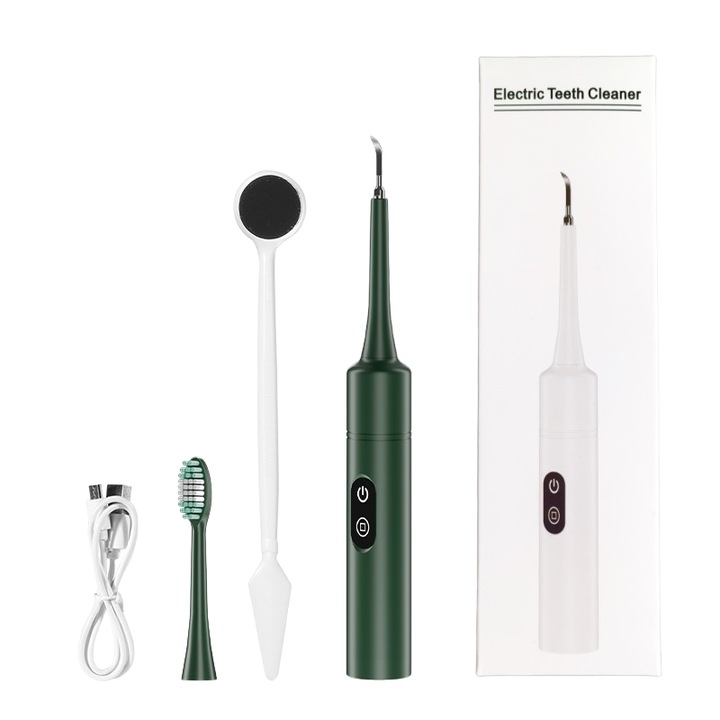 Ultrahangos fogtisztító, 5 üzemmód, 31000 VPM, fogkefe fejekkel, hegyes végekkel, szájüregi tükörrel - Fogtisztító eszközök, Fogtisztító készlet, Szonikus fogtisztító, Fogkőeltávolító, Ultrahangos fogtisztító, Elektromos fogkefék, Zöld