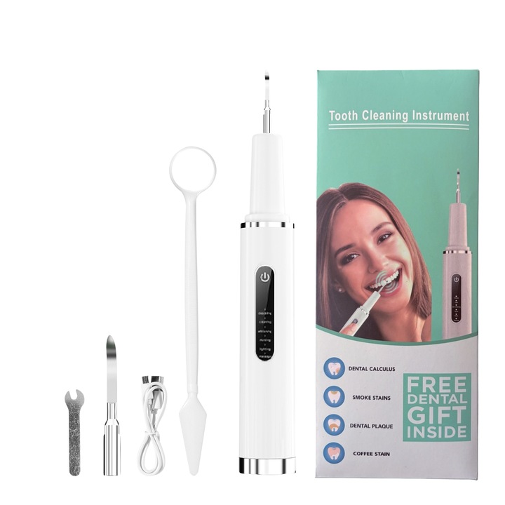 Dispozitiv cu ultrasunete,6 Moduri,5 Intensitati,42000 VPM, Sterilizare UV, Lumina LED, cu Cap Plat, Varf Ascutit, Oglinda Orala-Unelte Curatare Dinti, Kit Curatare Dentara, Curatator Sonic Dinti, Razuitoare Placi Dentare, Curatator Dental Ultrasonic, Alb