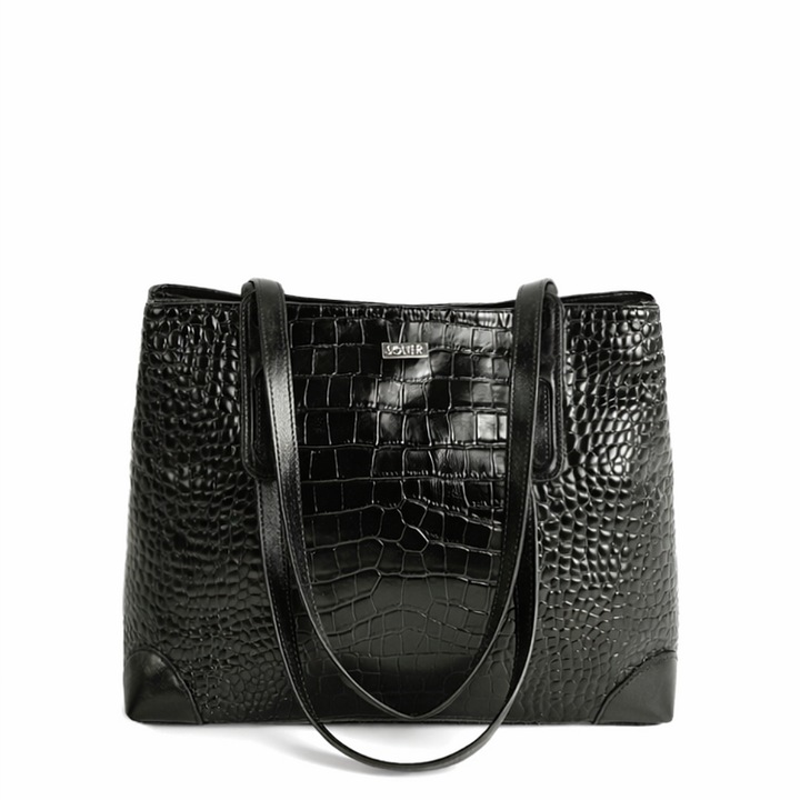 Geanta dama din piele naturala lacuita Solier FL56 ALEN, compartimente duble, curea reglabila