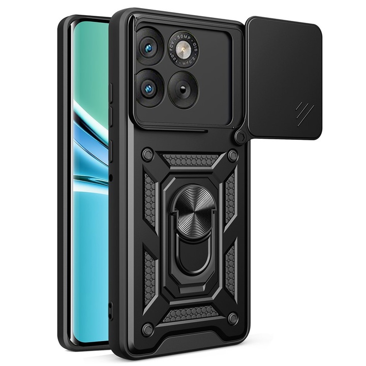Husa Shutter Spate Armor Ring Lens Cover pentru Motorola Edge 70, Slide Mechanism, Functie Magnetica, Camshield Suportul Inel Rotativ 360°, Negru