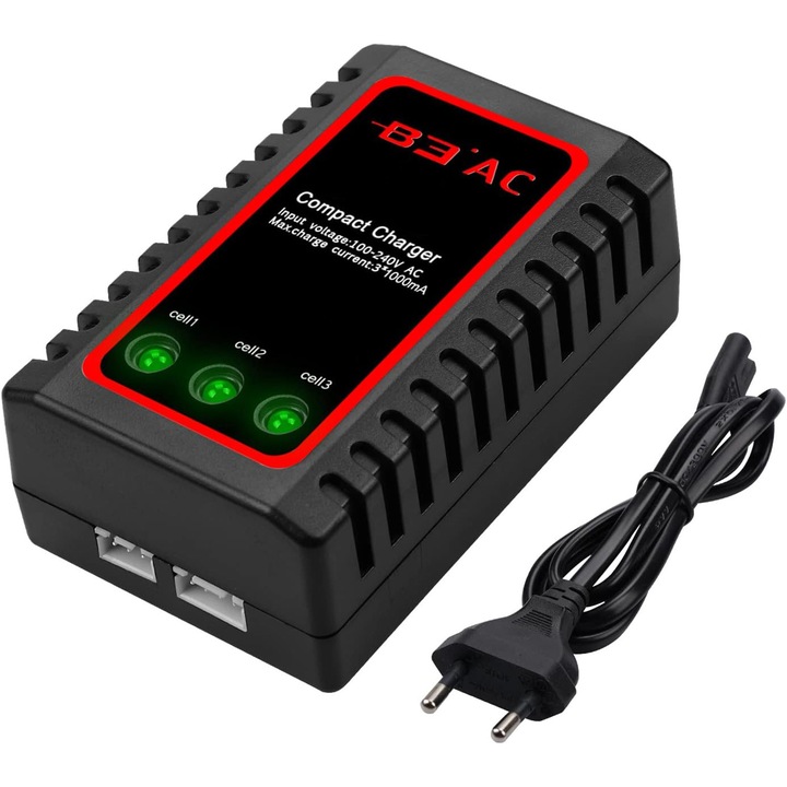 Incarcator B3 AC pentru acumulatori LiPo 2-3 celule, 7.4-11.1V, putere 10W, curent 1000mA, alimentare 100-240V, cu detectia terminarii incarcarii si Indicator LED