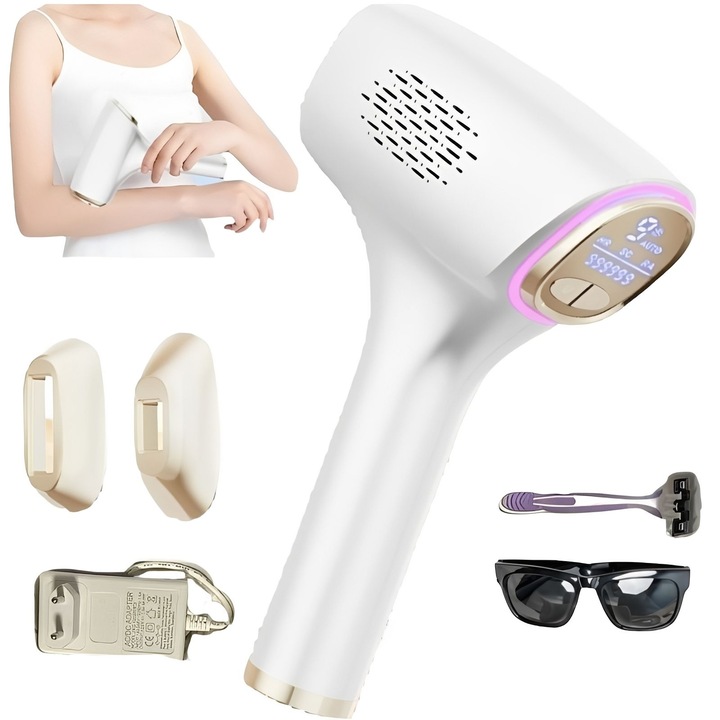 Epilator IPL Cu Inghetare COSMI, Set 3 In 1 Cu 9 Niveluri Energie, Reglaj Manual/Automat, Fotorejuvenare Si Mod Acnee, Display Digital, Pentru Depilare Corporala, Alb