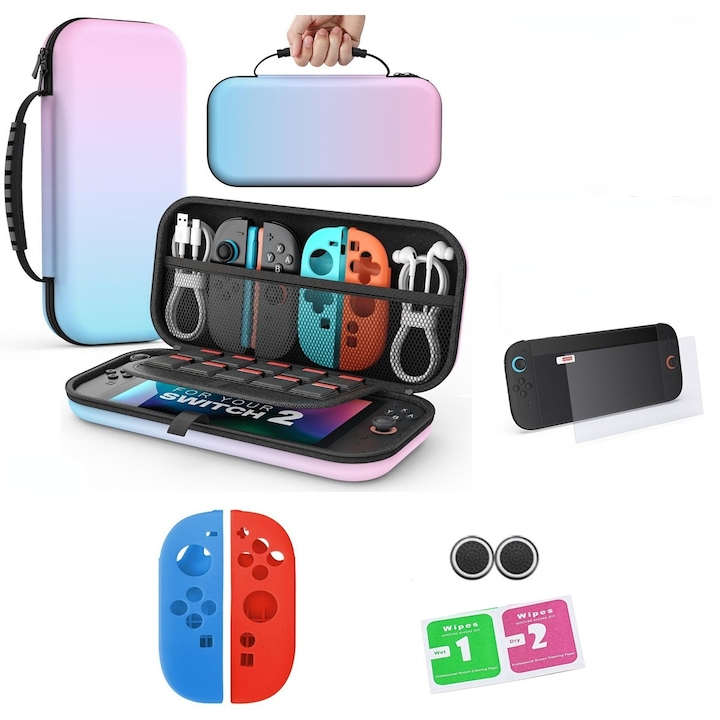 Husa portabila compatibila cu Nintendo Switch 2, set cu protectii pentru Joy-Con, huse pentru controlere, protectie pentru ecran, 2 capace pentru joystick, lavete de curatare, multicolor