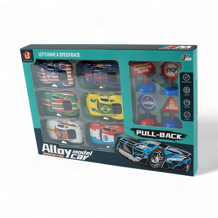 Set mașini metalice cu semne de circulație Alloy Model Car Pull-Back, 6 bucăți