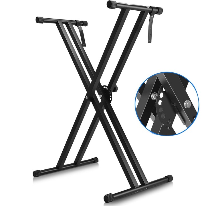 Állítható billentyűzet/orgona állvány, 7 magassági szint 27.5-97cm, gyorsnyitó mechanizmussal és rögzítőhevederekkel, dupla X-es kialakítás, fekete