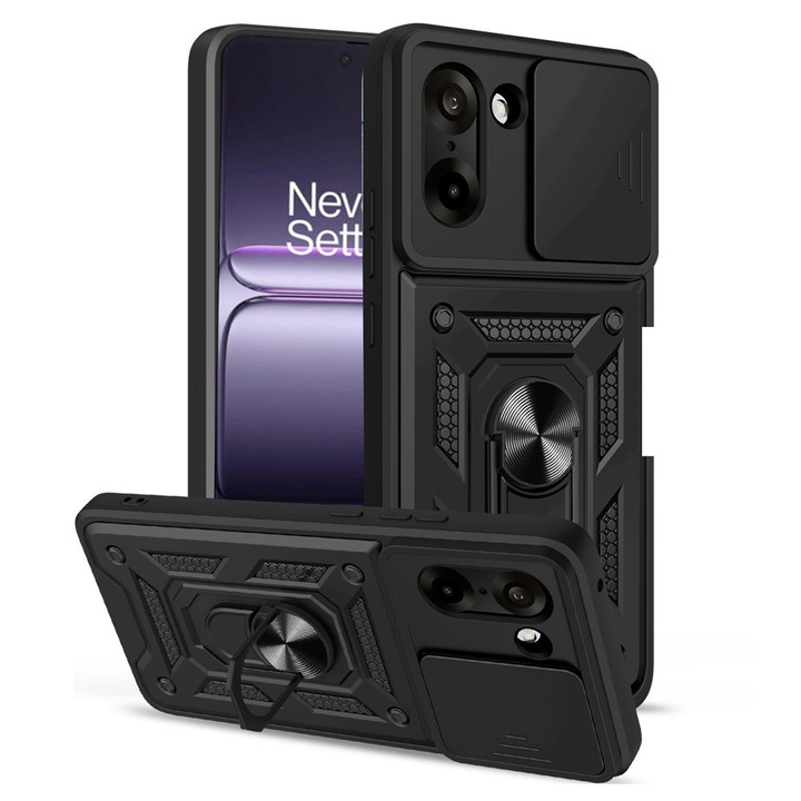 Калъф Shutter Spate Armor Ring Lens Cover за OnePlus Nord CE5, механизъм за плъзгане, магнитна функция, Camshield въртяща се поставка за пръстен на 360°, черен