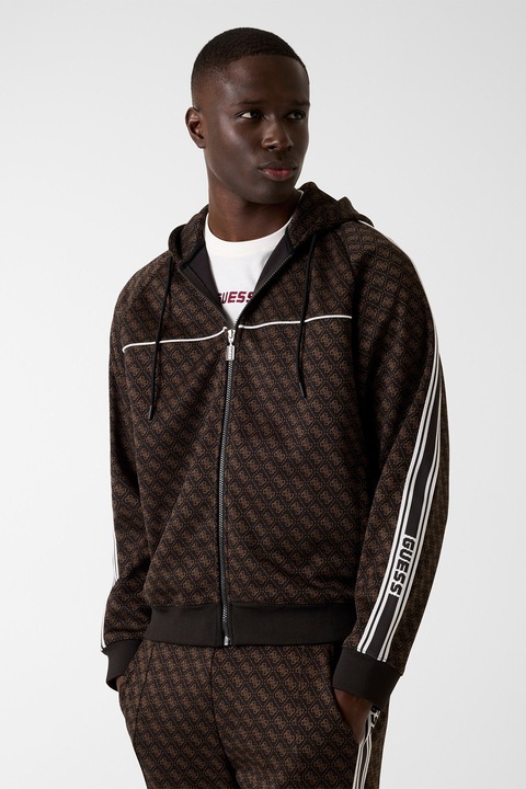GUESS, Hanorac cu fermoar si model monograma, pentru fitness, Maro inchis/Caramel