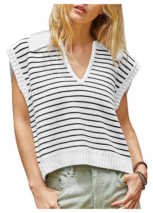 Pulovere de vara pentru femei 2025 - Veste tricotate fara maneci si tricouri cu guler V, Kaki, Alb