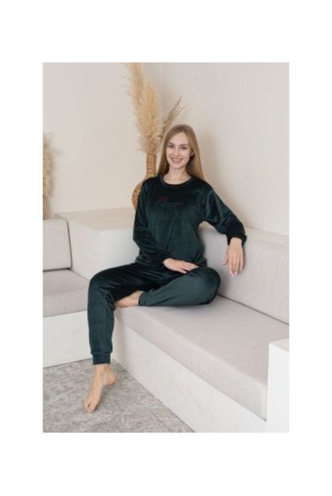 Pijama dama catifea, imprimeu uni, Verde, Marimea S