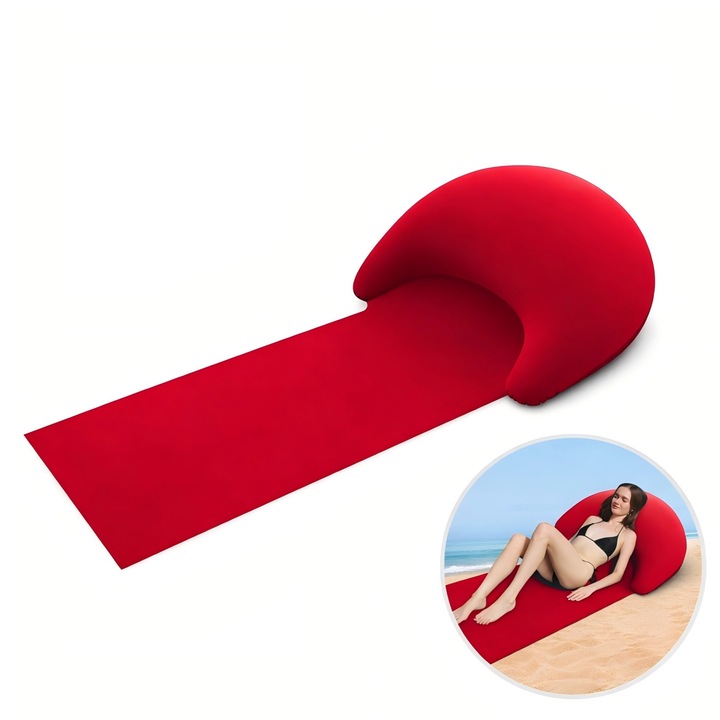 Saltea pliabila de plaja, 160 x 70 cm, cu perna gonflabila integrata, usoara si portabila, pentru plaja, camping, picnic si relaxare langa piscina, Rosu