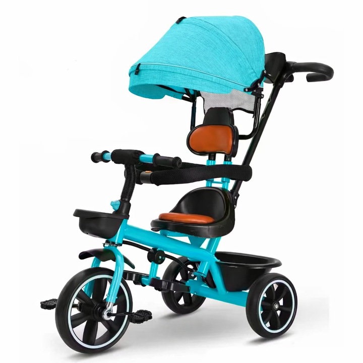 Tricicleta cu maner de impins reglabil pentru copii, copertina retractabila, 2 cosuri de depozitare, 99x80x48 cm, turcoaz