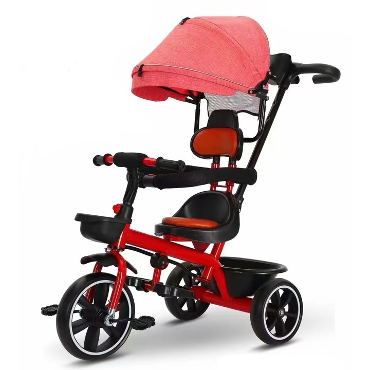 Tricicleta cu maner de impins reglabil pentru copii, copertina retractabila, 2 cosuri de depozitare, 99x80x48 cm, rosie