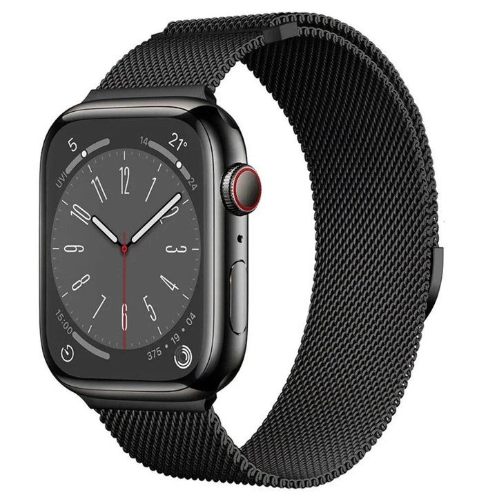 Curea Magnetica Milanese Unisex din Otel Inoxidabil – Compatibila Apple Watch Series 1–8/SE, 42/44/45/49 mm, Culoare Neagra