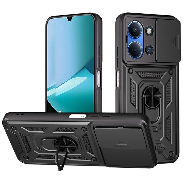 Husa Shutter Spate Armor Ring Lens Cover pentru Xiaomi Redmi 15C, Slide Mechanism, Functie Magnetica, Camshield Suportul Inel Rotativ 360°, Negru