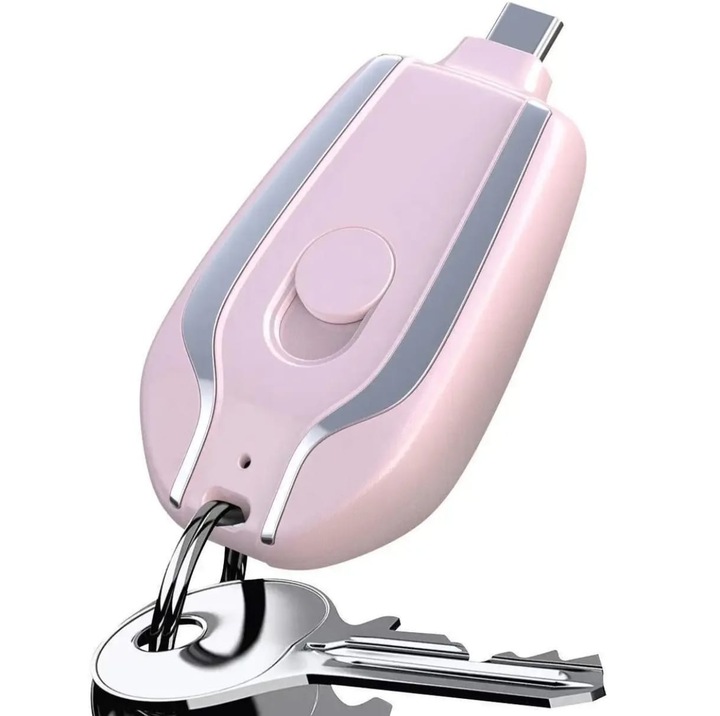 Baterie externa, tip breloc, roz, 1500 mAH, compatibila Android, mini power bank USB-C – Portabila & Eleganta