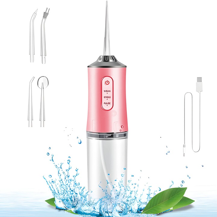 Преносим иригатор за уста Teno®, 3 програми, 4 почистващи дюзи, против зъбен камък, защита от прегряване, вместимост 230 ml, розов