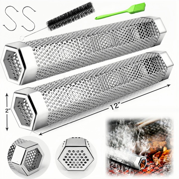 Generator de fum rece din otel inoxidabil, MOSMAOO®, 2 Pachete de 12 inci, Set cu perie si carlige, Generator de fum rece pentru gratar, simplu, 30*5*5 cm, Argintiu