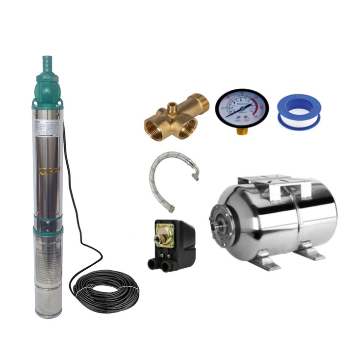Komplett hidrofor készlet Mélymerülő szivattyú, DDT, QJD120-1.5, 1500 W, Rozsdamentes acél, 8 turbina + 24 literes rozsdamentes acél medence + tartozékok