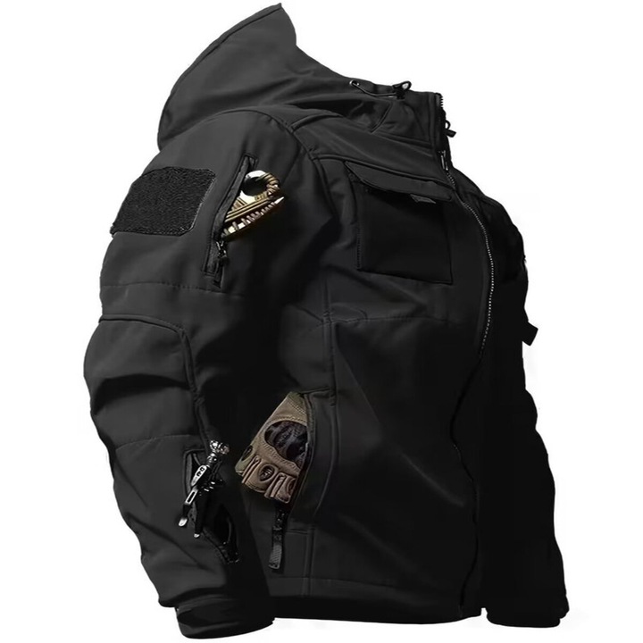 Jachetă Warrior rezistentă la vânt cu glugă, cu mai multe buzunare, Jachetă tactică de lucru, Culoare - Negru, Mărimea XXL