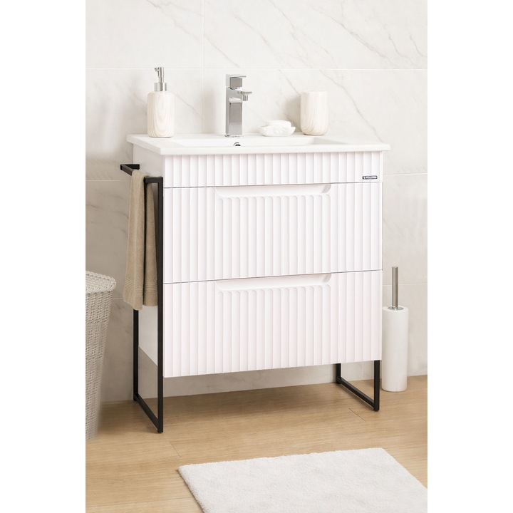 Set mobilier de baie MDF Kit si lavoar Badenmob, seria 033, cu sertare, Cadru metalic, 60x46x89cm, Alb Rustic