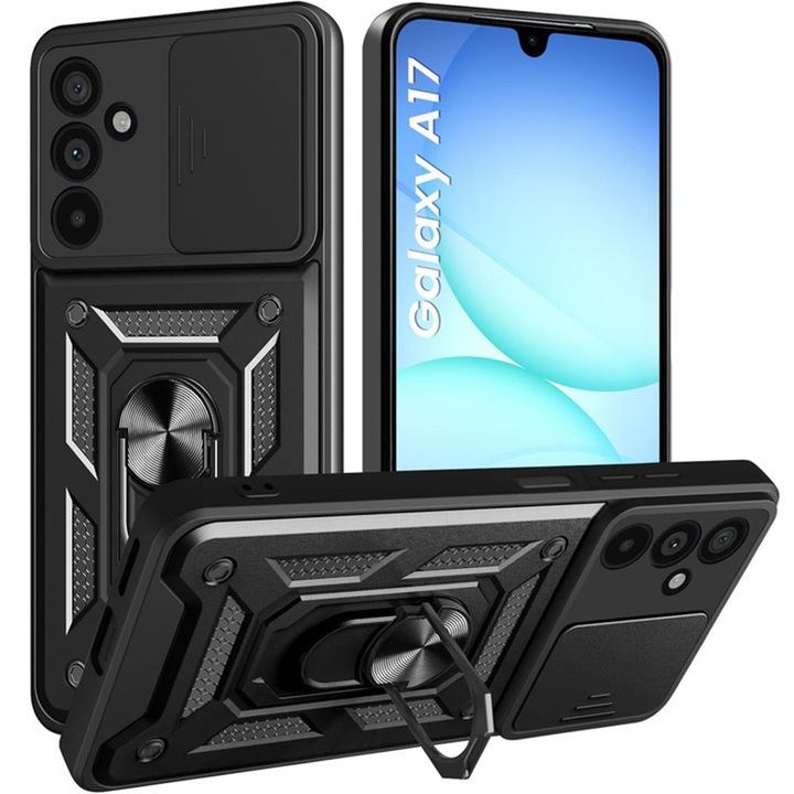 Husa Shutter Spate Armor Ring Lens Cover pentru Samsung Galaxy A17, Slide Mechanism, Functie Magnetica, Camshield Suportul Inel Rotativ 360°, Negru