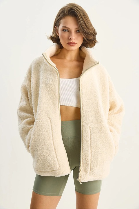 Geaca de plus supradimensionata Bianco Lucci, crem, cu buzunare, textil, One Size INTL