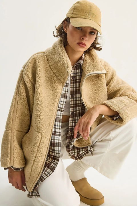 Geaca de plus supradimensionata Bianco Lucci, cu buzunare, bej, textil, One Size INTL