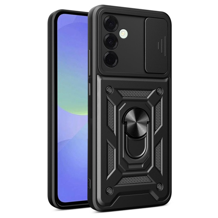 Husa Shutter Spate Armor Ring Lens Cover pentru Samsung Galaxy A37, Slide Mechanism, Functie Magnetica, Camshield Suportul Inel Rotativ 360°, Negru