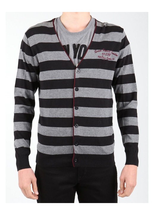 Férfi pulóver, Guess, gombos modell, fekete és szürke csíkok, 100% pamut
