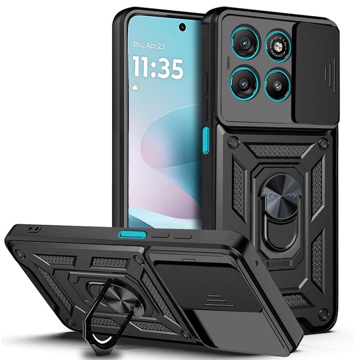 Husa Shutter Spate Armor Ring Lens Cover pentru Motorola Moto G57 Power / G67 Power, Slide Mechanism, Functie Magnetica, Camshield Suportul Inel Rotativ 360°, Negru