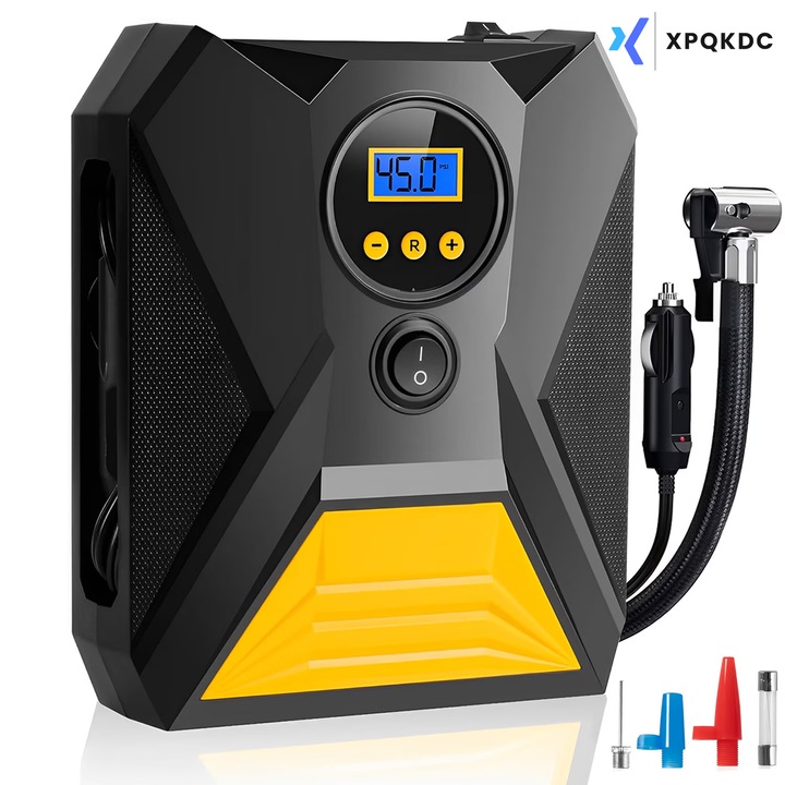 XPQKDC® hordozható autókompresszor LED munkavilágítással, digitális kijelzővel, 12V 120W, maximum 10 bar / 150 PSI, 3m kábelhossz, 15x17.8cm, Fekete