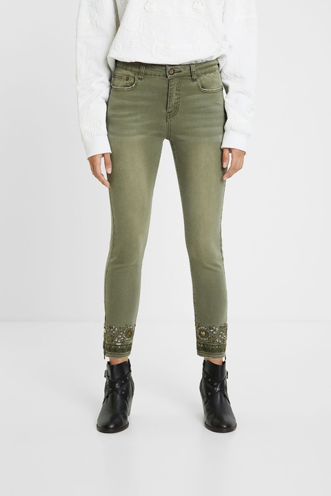 DESIGUAL, вталени панталони Oneil с апликации от пайети, Спартанско зелено, EU34