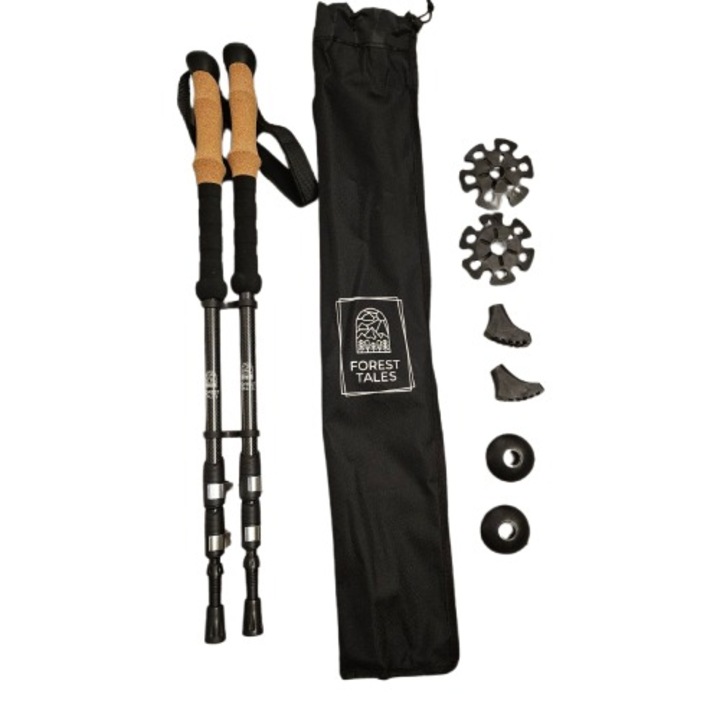 Bete telescopice de trekking Forest Tales, carbon, 110-135cm, manere din pluta, set accesorii