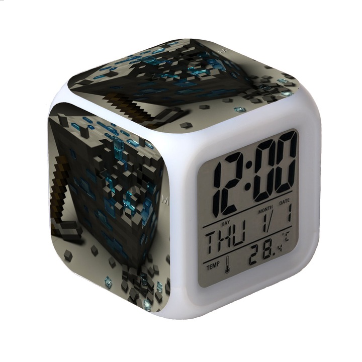 Ceas desteptator digital, 8x8x8cm, cu lumini colorate, senzor de temperatura, design geometric