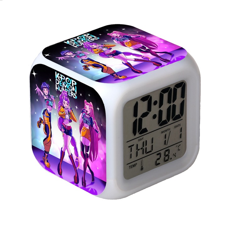 Ceas desteptator digital, 8x8x8cm, cu lumini colorate, senzor de temperatura, design geometric