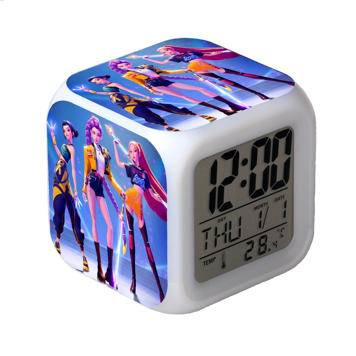 Ceas desteptator LED, 8x8x8cm, schimbare de culoare, iluminare nocturna, senzor temperatura