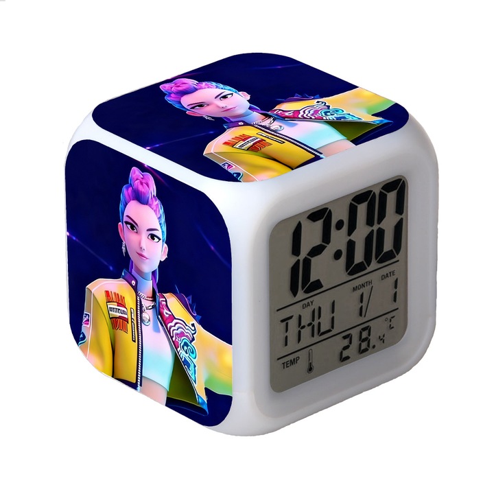 Ceas desteptator digital, 8x8x8cm, cu lumini colorate, senzor de temperatura, design geometric