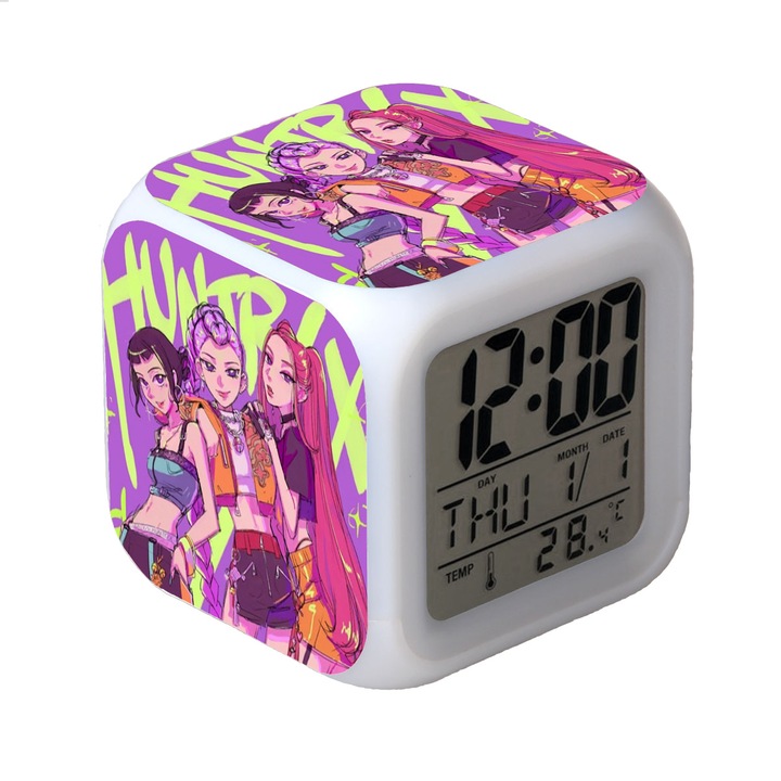 Ceas desteptator digital, 8x8x8cm, cu lumini colorate, senzor de temperatura, design geometric