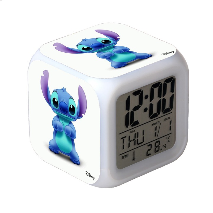 Ceas desteptator digital cu lumini colorate, 8x8x8cm, design geometric, senzor temperatura