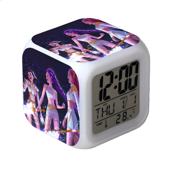 Ceas desteptator digital, 8x8x8cm, cu lumini colorate, senzor de temperatura, design geometric