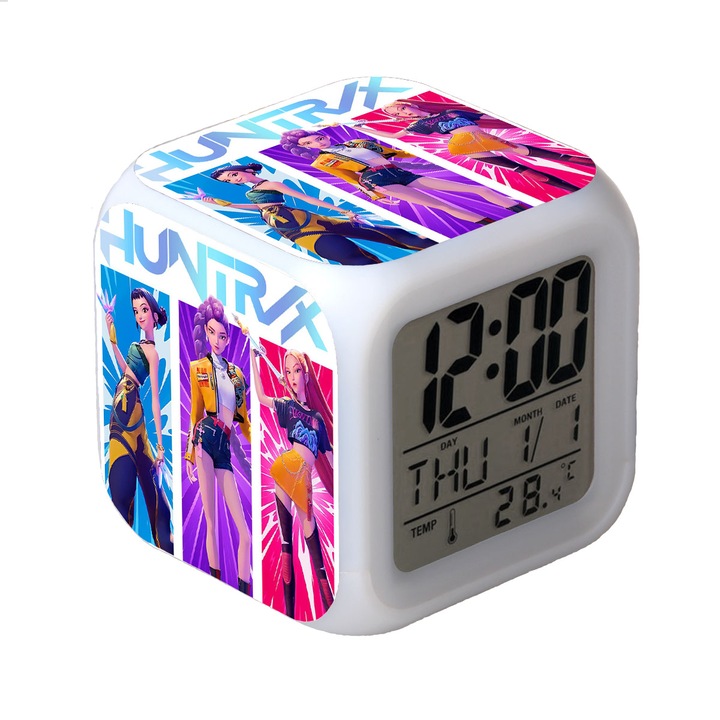 Ceas alarma digitala, 8x8x8cm, cu lumini colorate, senzor temperatura, design geometric