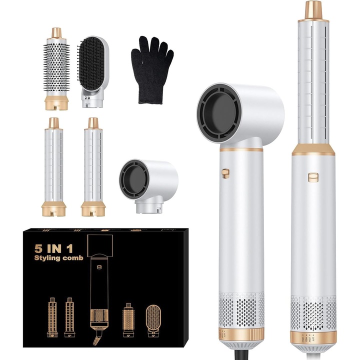 Set perie de par electrica 5 in 1, cu 2 capete interschimbabile, alb, pentru indreptare si ondulare