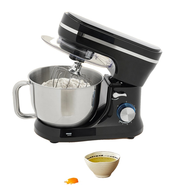 Mixer de bucatarie, 4.5L, 1000W, 8+1 viteze, otel inoxidabil, set cu tel si carlig pentru aluat
