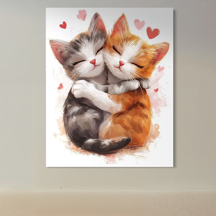 Tablou Canvas Premium, LuxCanva® K1055, Prietenie Pufoasa, 90 X 110 CM, Panza Bumbac 100% 400g/m2, Sasiu Lemn, Pisicute, Iubire, Inimioare, Imbratisare, Copilarie, Dragalas, Camera Copil, Dormitor