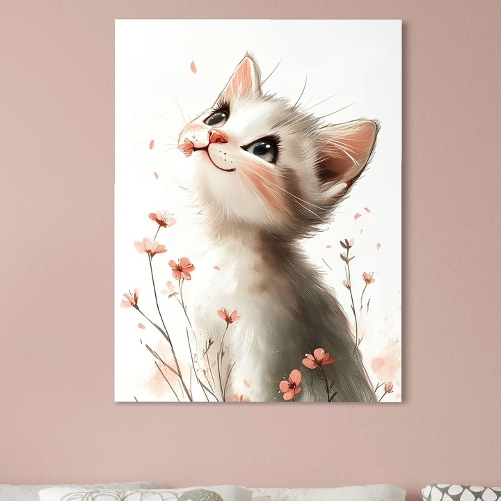 Tablou Canvas Premium, LuxCanva® K1058, Alint de Primavara, 90 X 120 CM, Panza Bumbac 100% 400g/m2, Sasiu Lemn, Flori, Mustati, Pisicuta, Dragalas, Copilarie, Inocenta, Pastel, Roz, Camera Copil, Dormitor