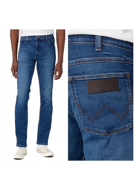 Férfi farmer, Wrangler, Greensboro, Egyenes szabás, Közepes derék, Cipzár, Hosszú, 5 zseb, Pamut, Elasztán, Kék, Kék