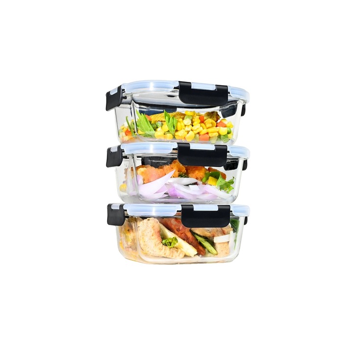 Cutii alimentare din sticla borosilicata, design etans, 3 compartimente, 3x800ml