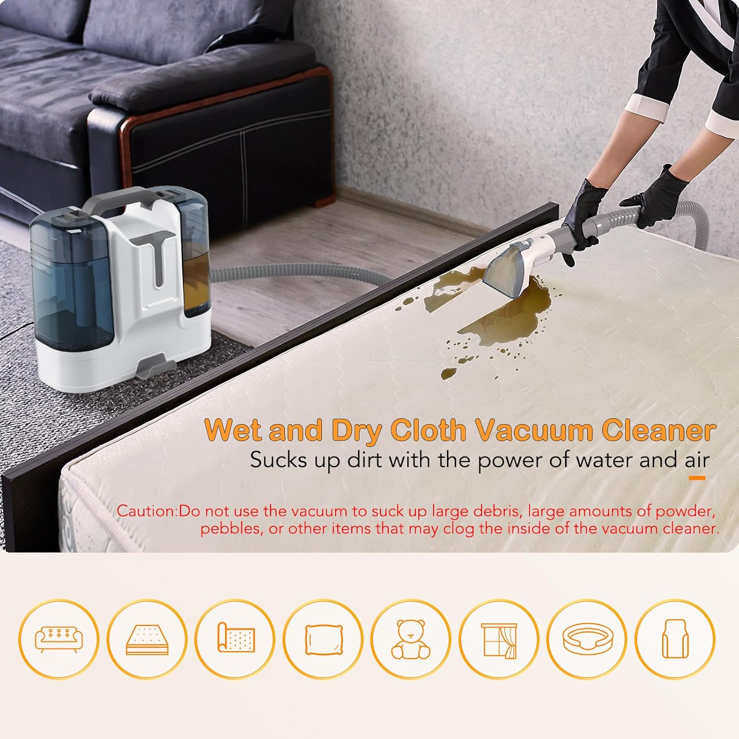 Aspirator profesional cu spalare Bedee, 450W, putere aspirare 11kPa, rezervor apa 1.8L, rezervor apa murdara 0.6L, portabil, umed si uscat, dimensiuni 335x235x305mm