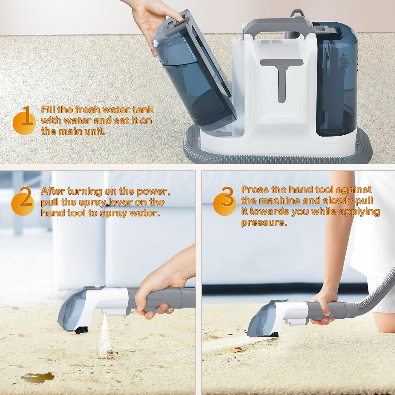 Aspirator profesional cu spalare Bedee, 450W, putere aspirare 11kPa, rezervor apa 1.8L, rezervor apa murdara 0.6L, portabil, umed si uscat, dimensiuni 335x235x305mm